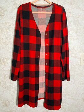 Red & Black Buffalo Plaid Button-Up Cardigan With Pockets Lightweight Material S